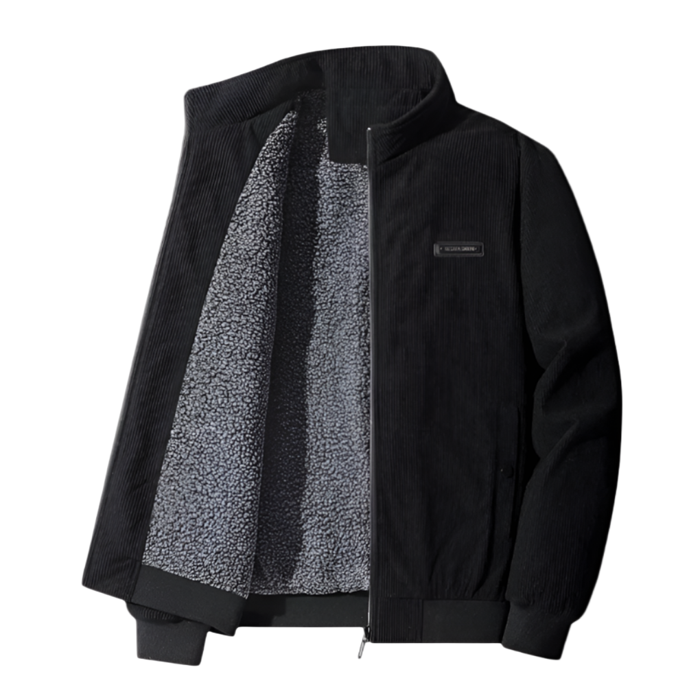 Black jacket with gray fleece lining on a white background