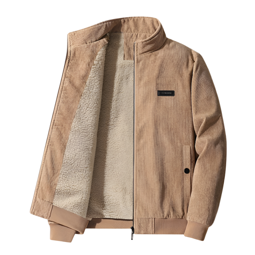 Beige corduroy jacket with sherpa lining on a white background