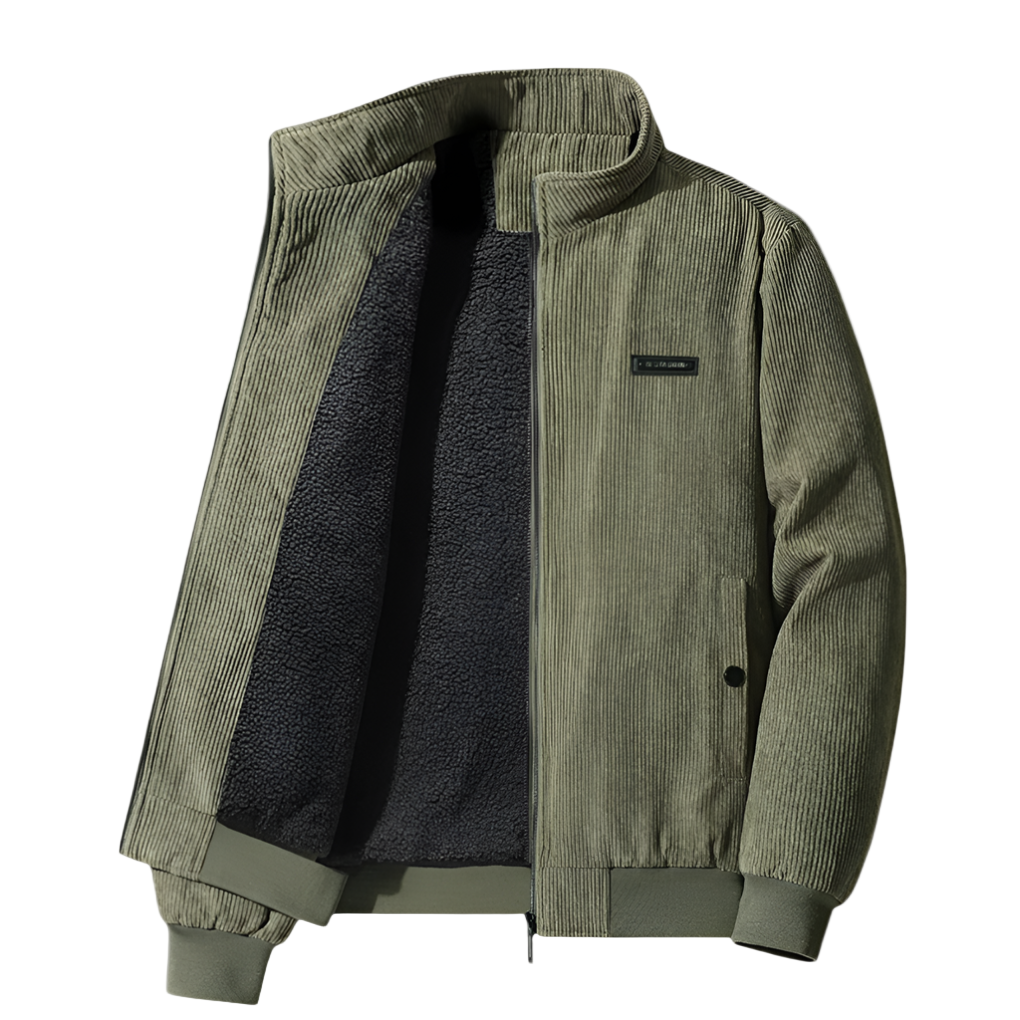 Green corduroy jacket with black fleece lining on a white background