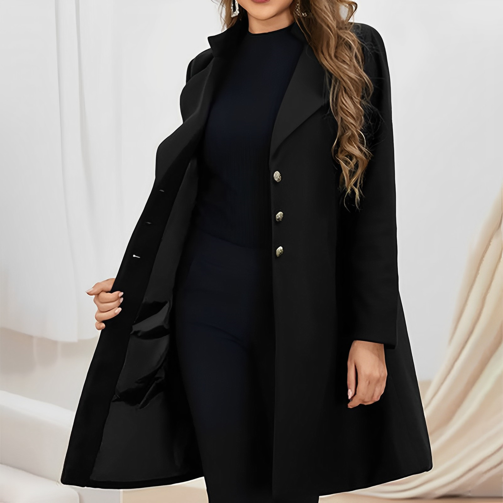 Women’s Elegant Winter Coat – Tailored Long Overcoat with Deep Pockets