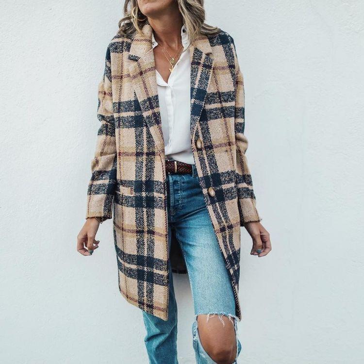 Women’s Long Winter Coat – Checked Overcoat for Cold Weather