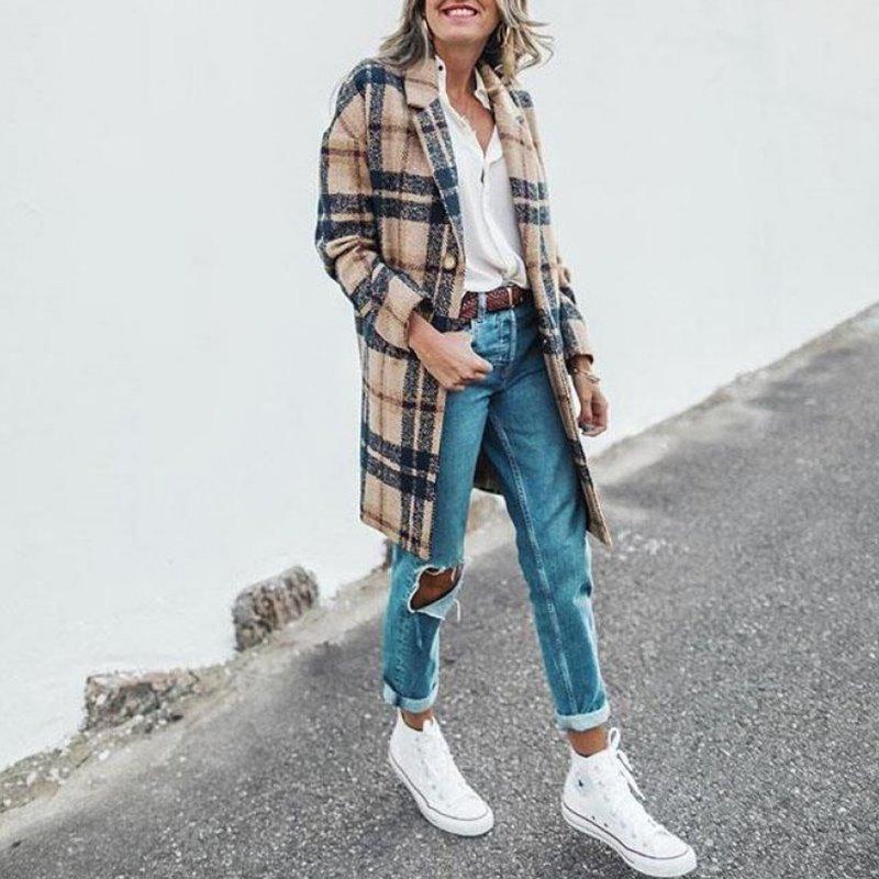 Women’s Long Winter Coat – Checked Overcoat for Cold Weather