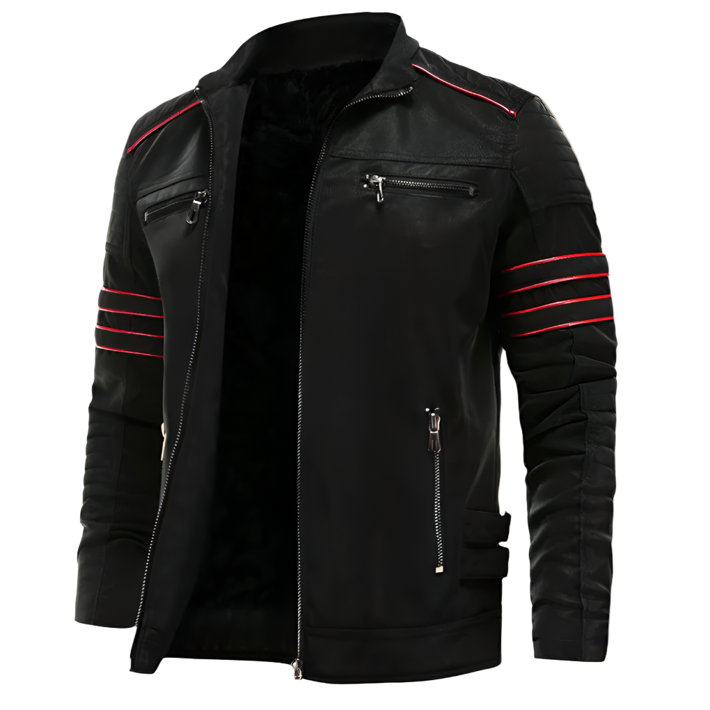 Black leather jacket with red stripes on sleeves on a white background
