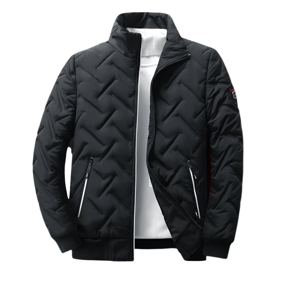 Black quilted jacket on a white background