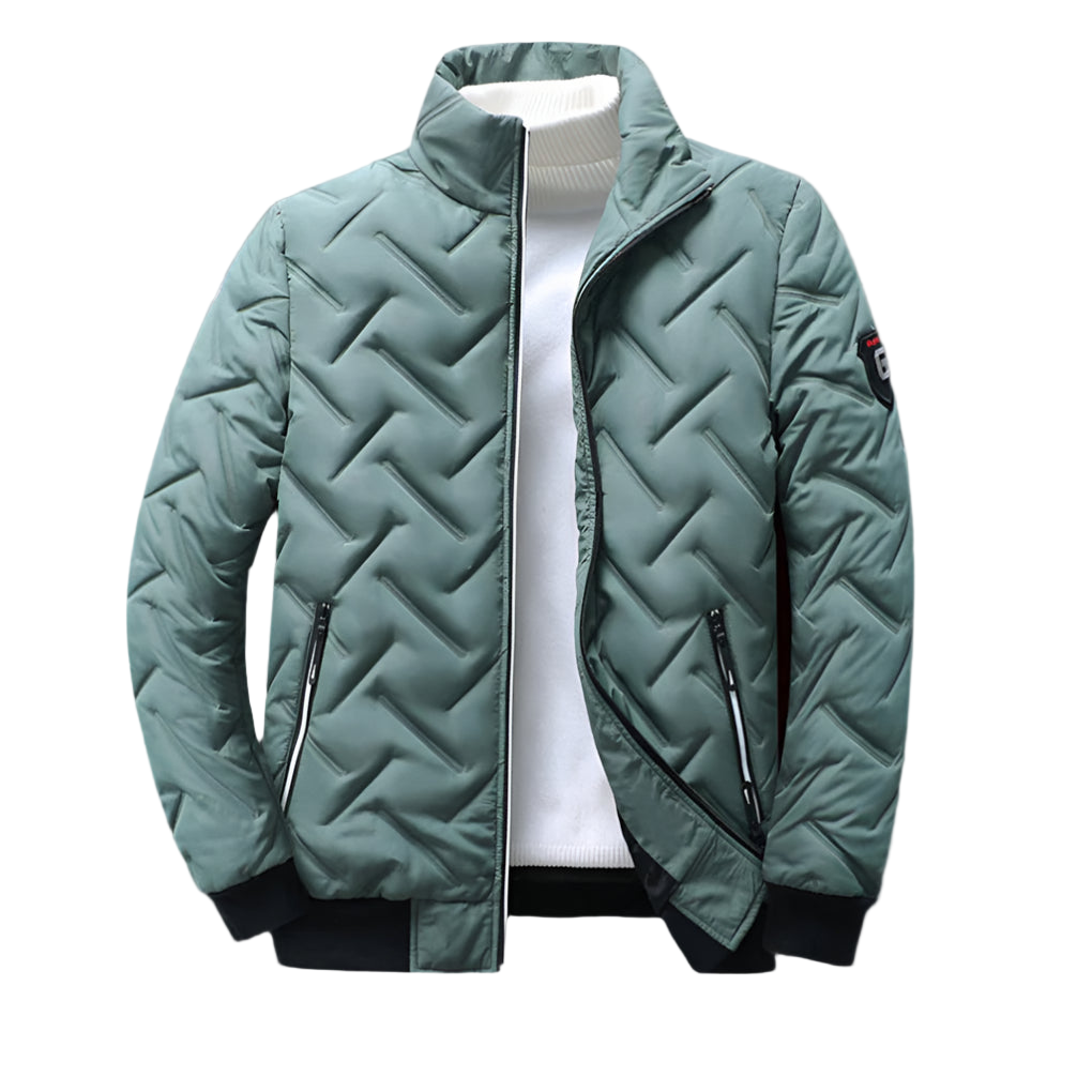 Green quilted jacket on a white background