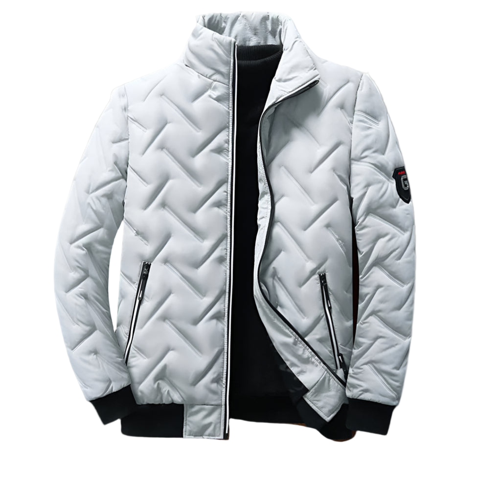 White quilted jacket with black accents on a white background