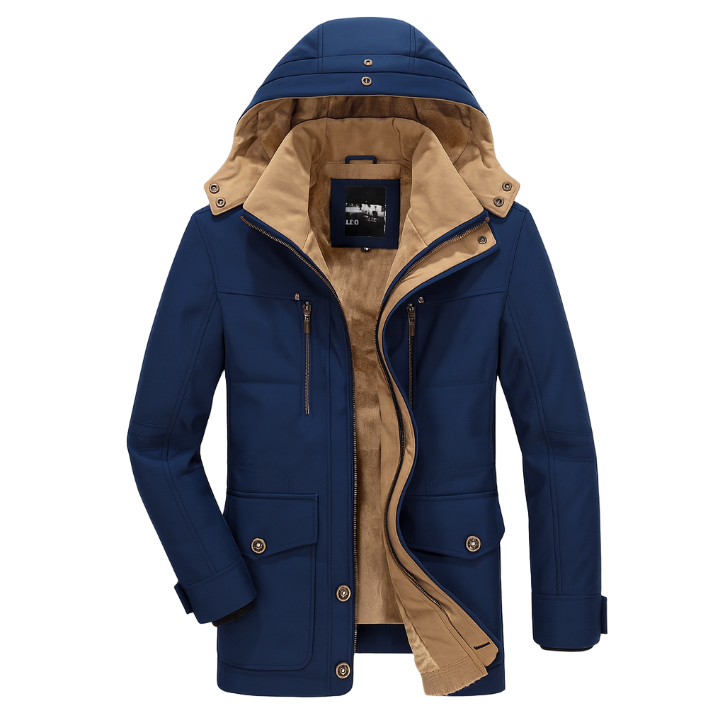 Blue winter coat with brown lining on a white background