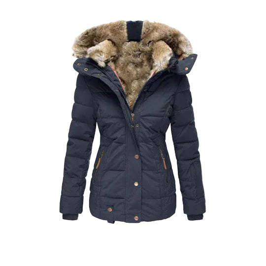 Navy blue winter jacket with fur-lined hood on a white background