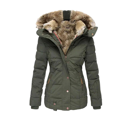 Green winter jacket with fur-lined hood on a white background