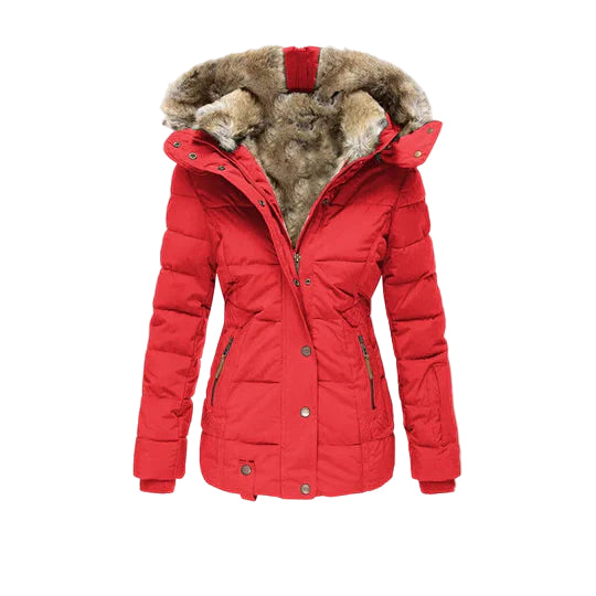 Red puffer jacket with fur-lined hood on a white background