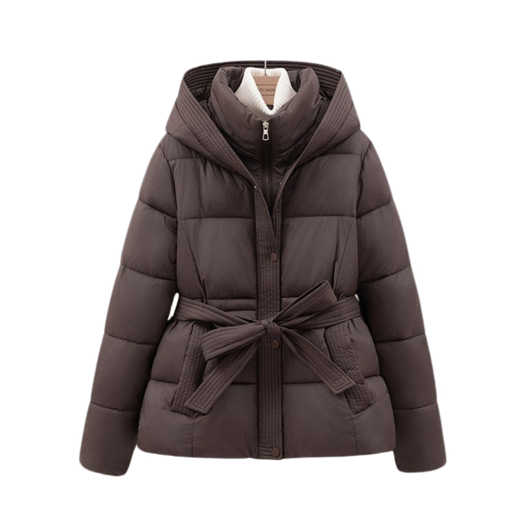Brown puffer jacket with a belt on a white background