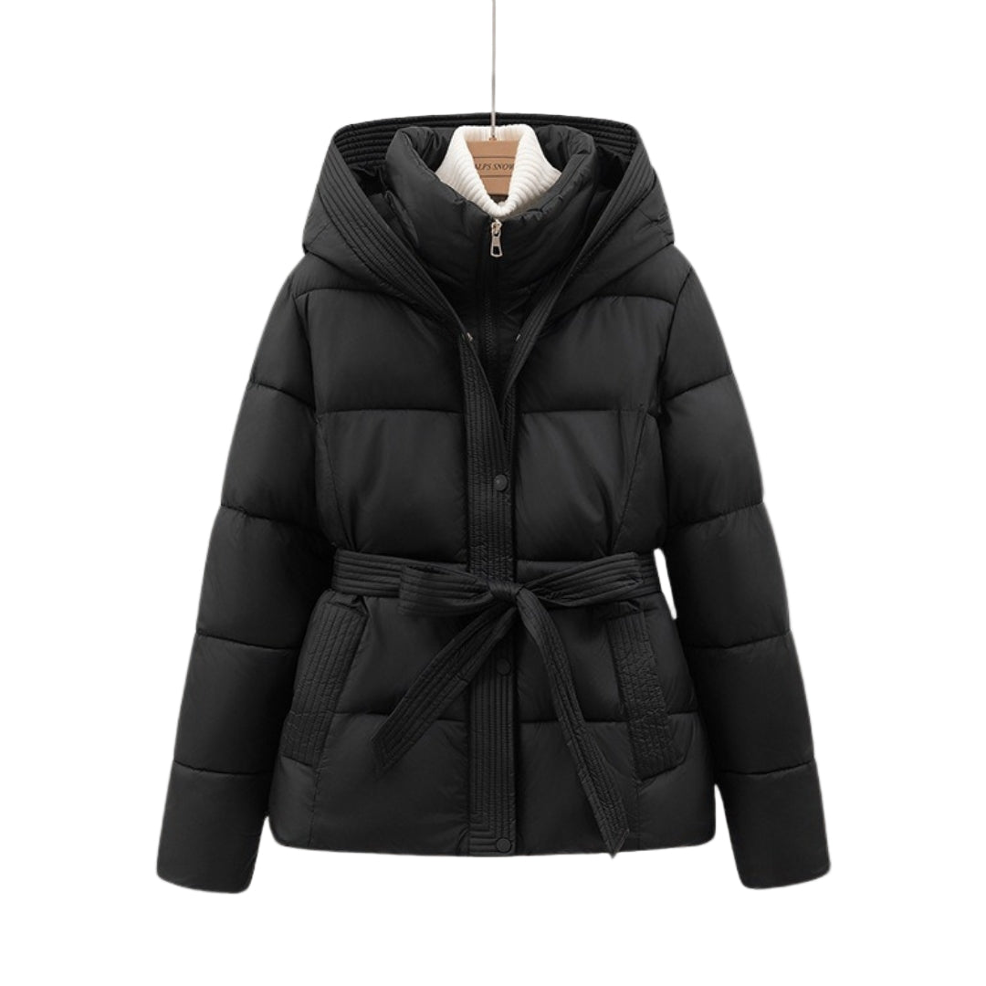 Black puffer jacket with a belt on a white background