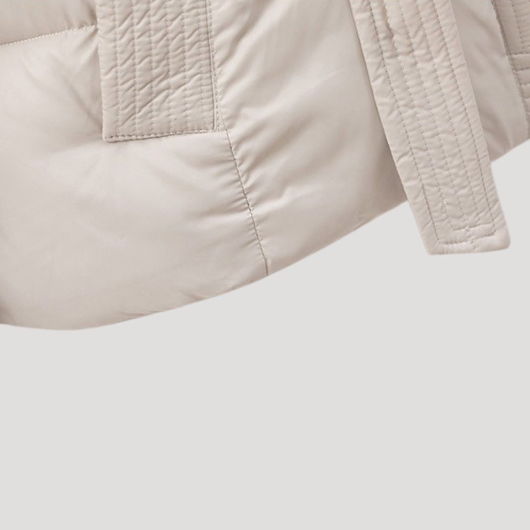 Women’s Puffer Jacket with Hood and Belted Waist – Lightweight Winter Coat