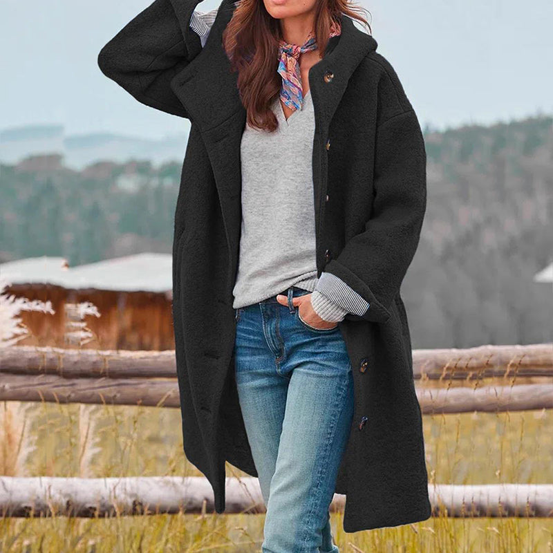Women’s Hooded Winter Coat – Long Relaxed Fit Overcoat with Button Front
