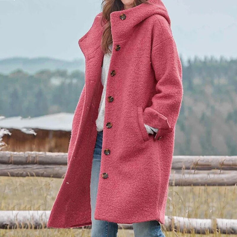 Women’s Hooded Winter Coat – Long Relaxed Fit Overcoat with Button Front