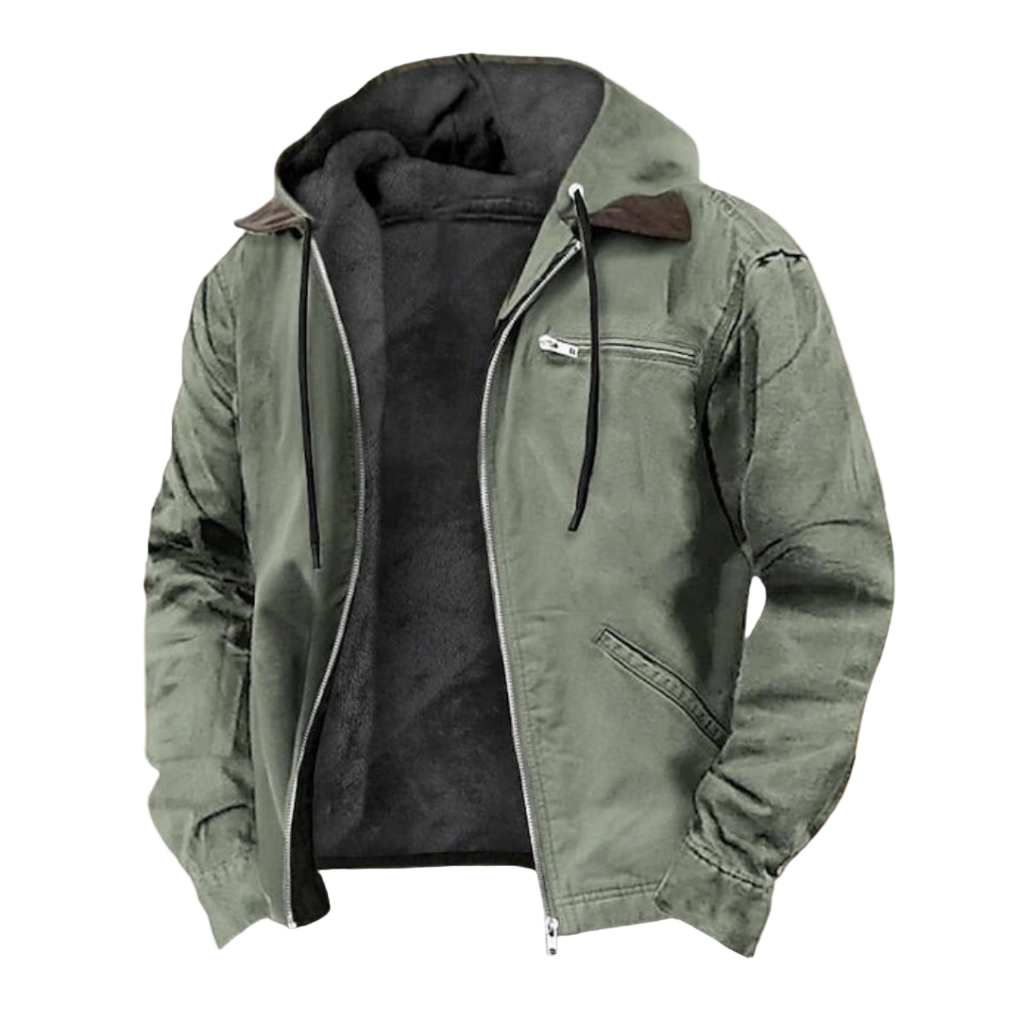 Green jacket with a hood on a white background