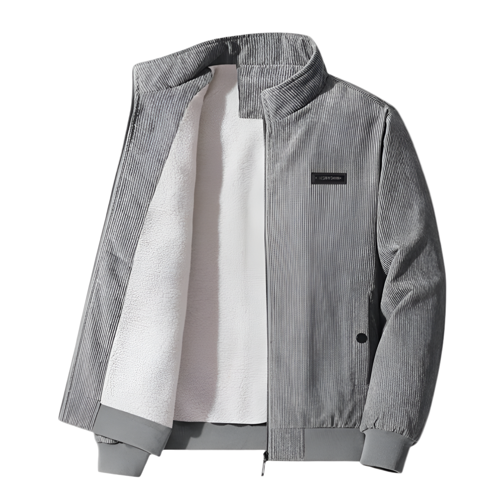 Gray striped jacket with a white shirt underneath on a white background