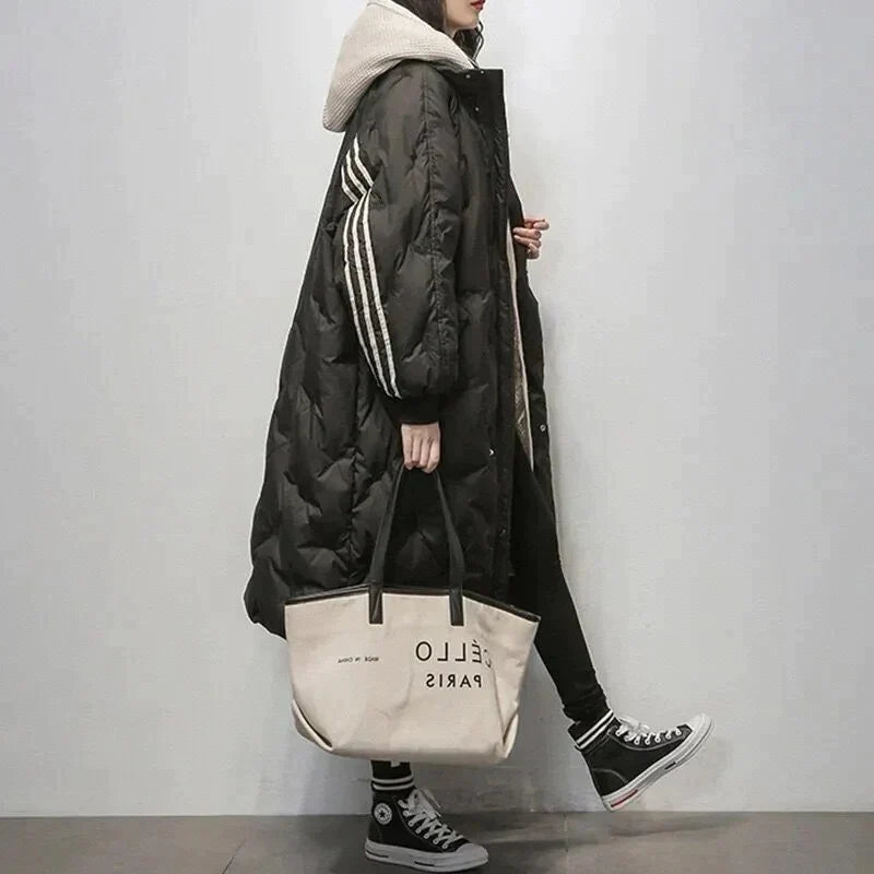 Women’s Long Quilted Winter Jacket – Warm Padded Coat with Hood