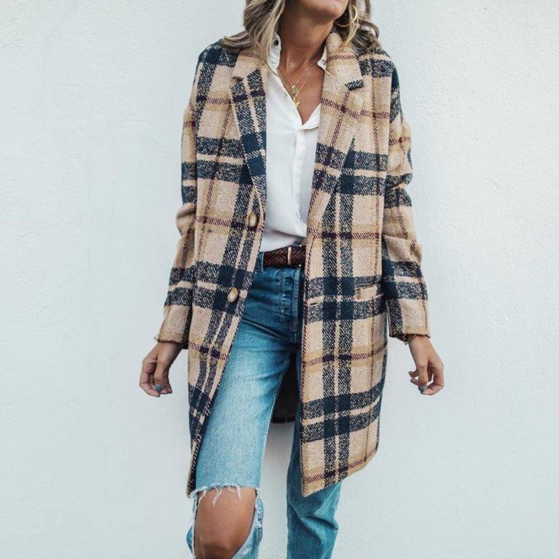 Women’s Long Winter Coat – Checked Overcoat for Cold Weather