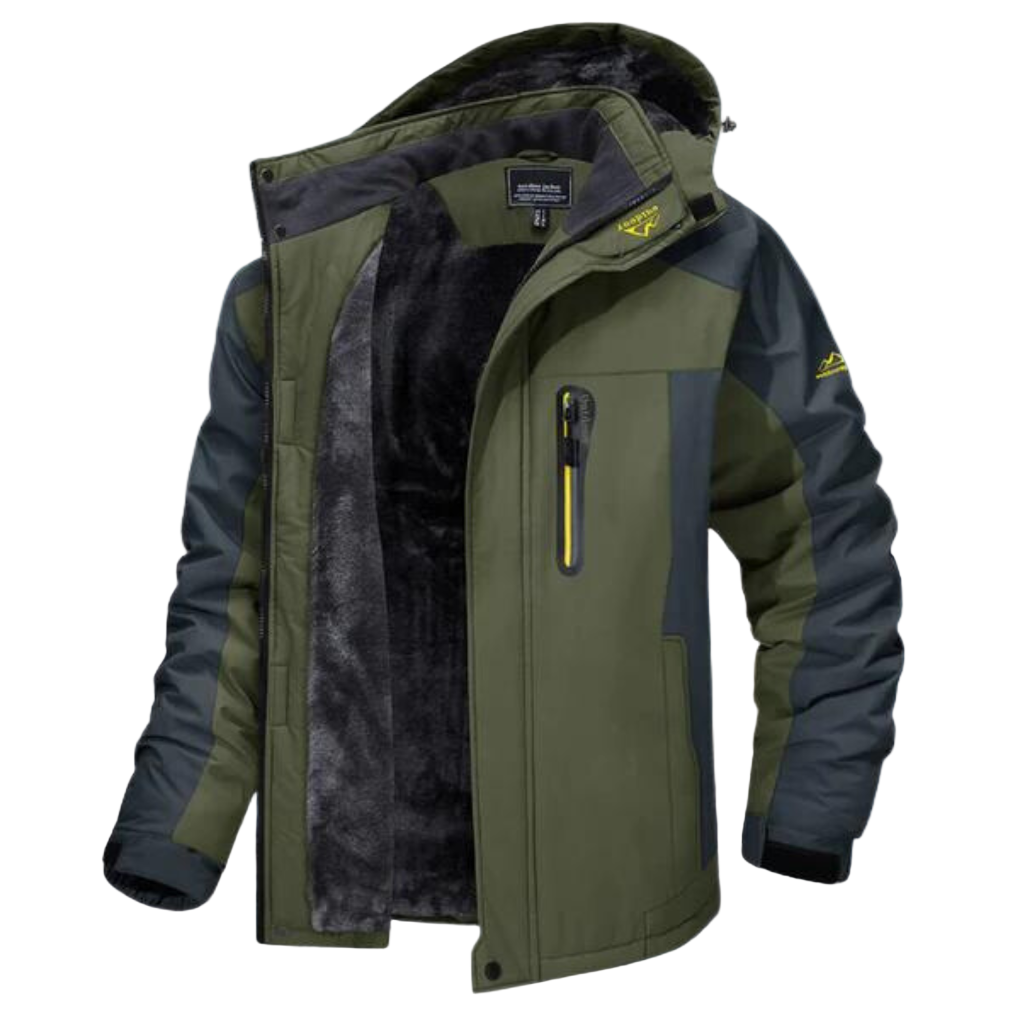 Green and gray jacket with a hood on a white background
