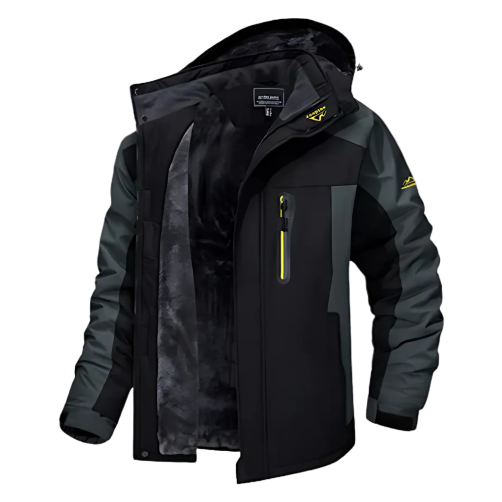 Black and gray jacket with yellow accents on a white background
