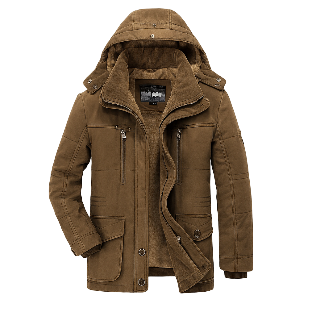 Brown winter jacket with a hood on a white background