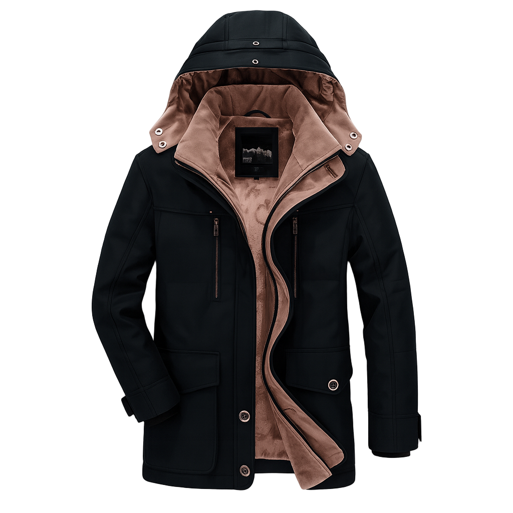 Black coat with brown lining on a white background