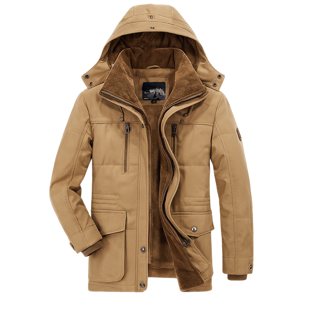 Tan winter jacket with a hood on a white background