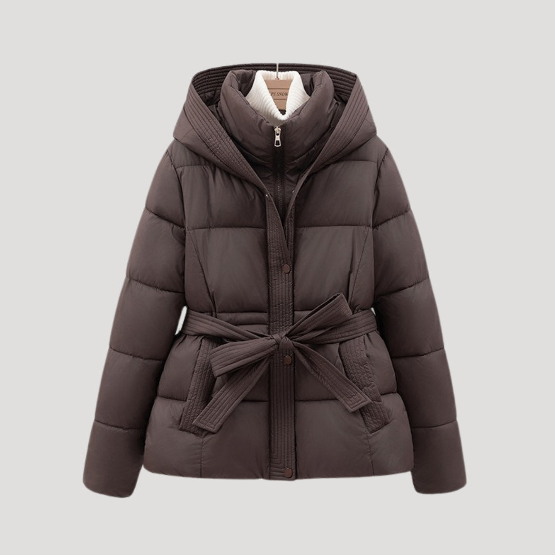 Women’s Puffer Jacket with Hood and Belted Waist – Lightweight Winter Coat
