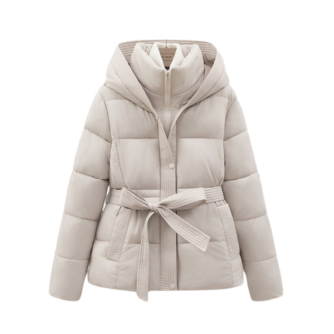 Beige puffer jacket with a belt on a white background