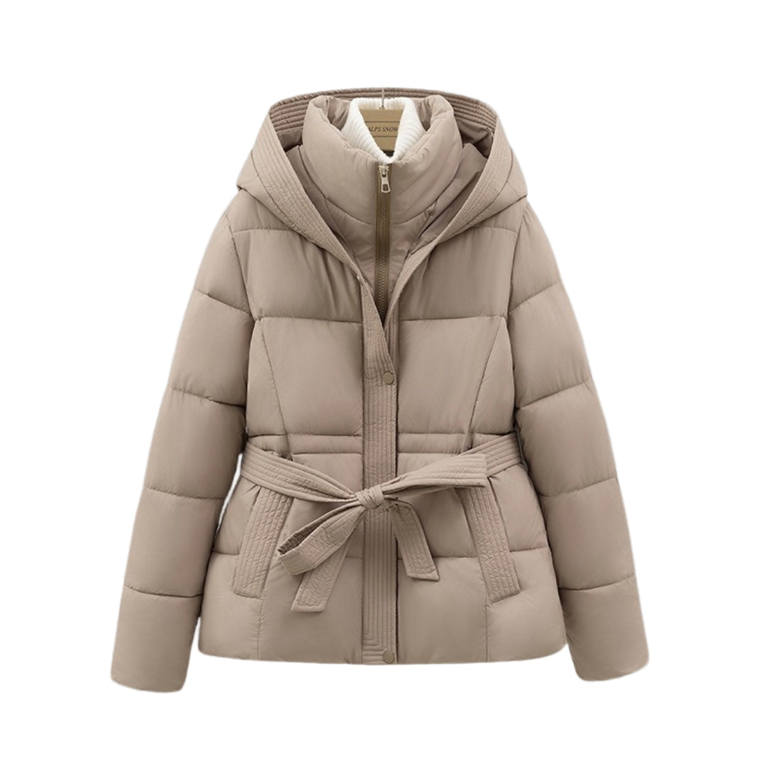 Beige puffer jacket with a belt on a white background