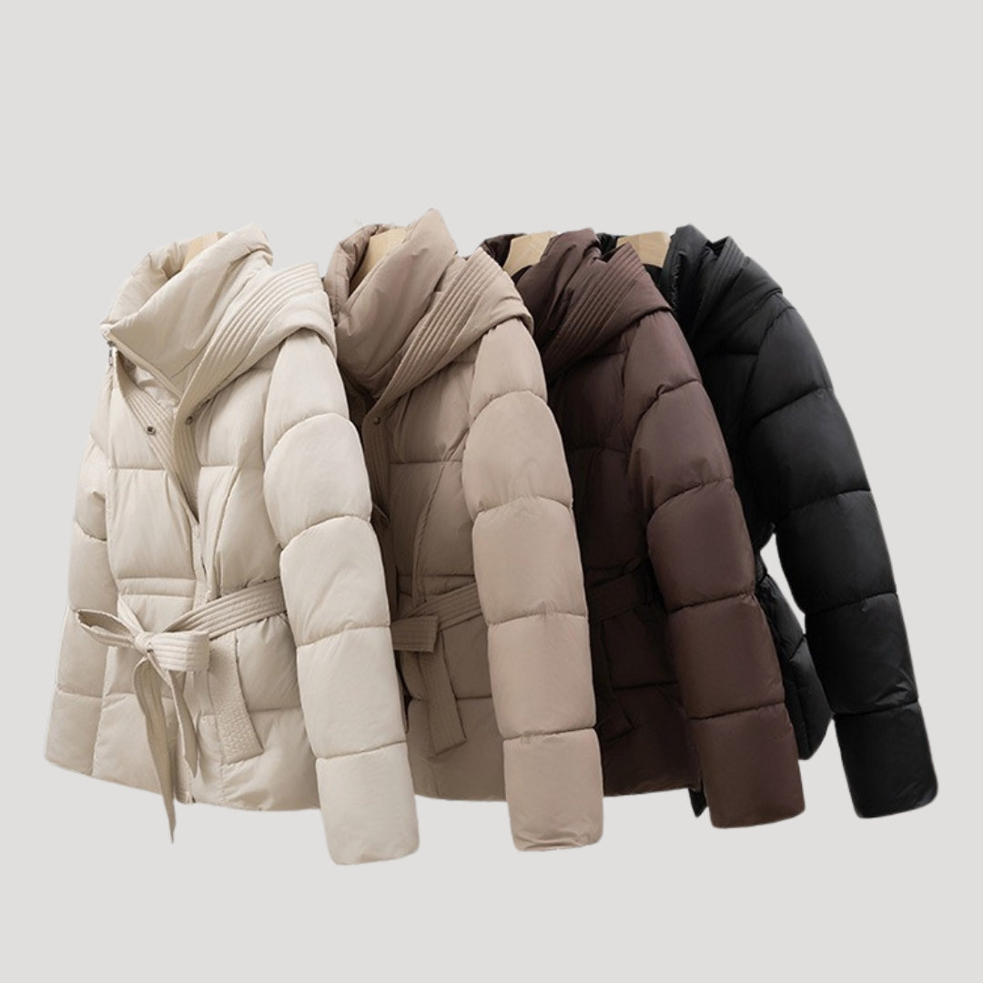 Women’s Puffer Jacket with Hood and Belted Waist – Lightweight Winter Coat