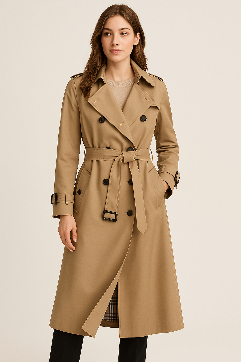 Women’s Double-Breasted Winter Trench Coat – Long Belted Overcoat