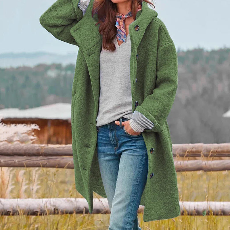 Women’s Hooded Winter Coat – Long Relaxed Fit Overcoat with Button Front