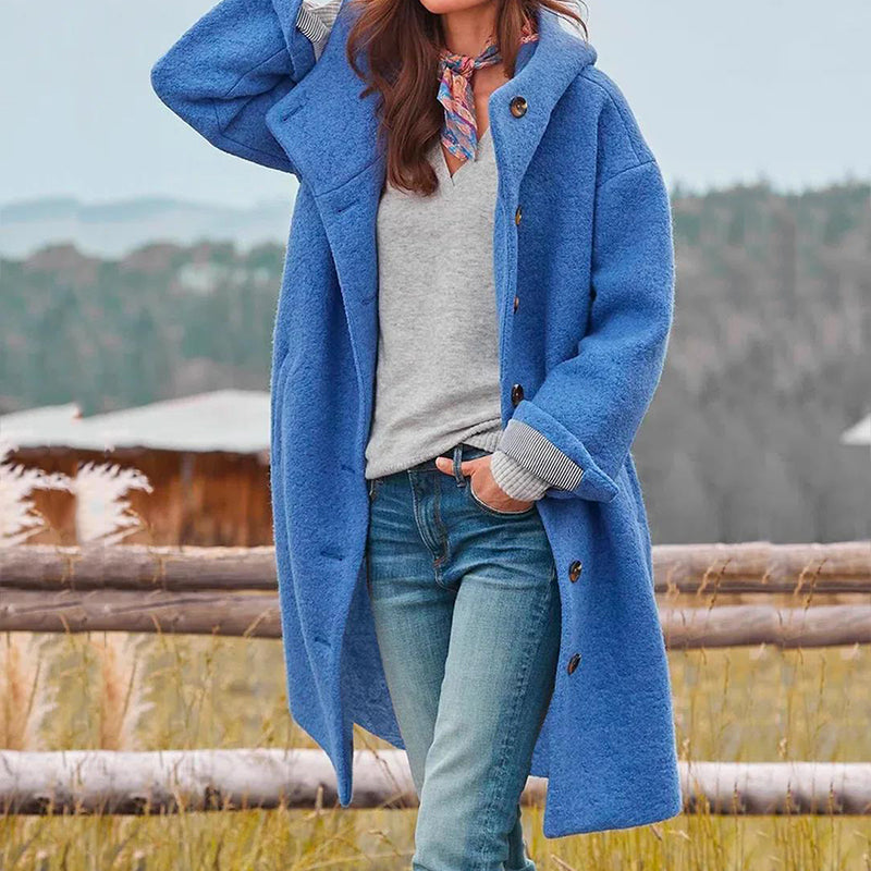 Women’s Hooded Winter Coat – Long Relaxed Fit Overcoat with Button Front