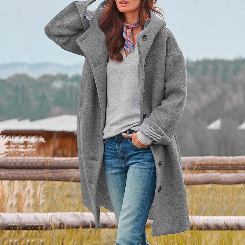 Women’s Hooded Winter Coat – Long Relaxed Fit Overcoat with Button Front